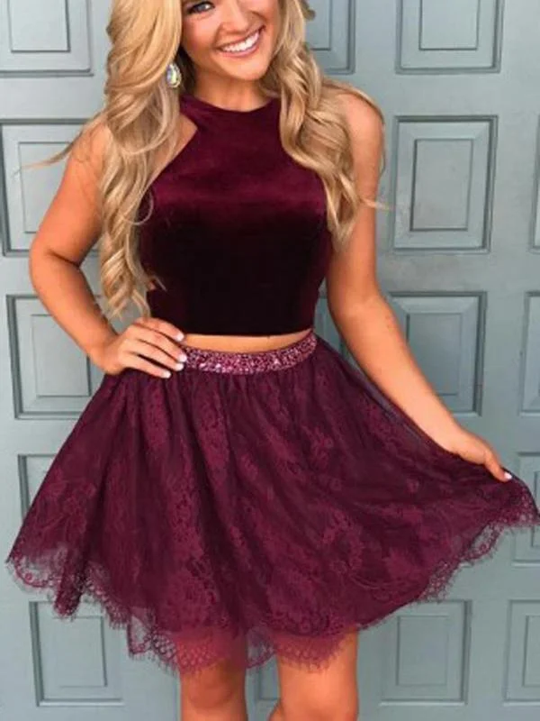 custom-made party dressesHalter Two Piece Red Lace Cheap Homecoming Dresses 2018, CM413