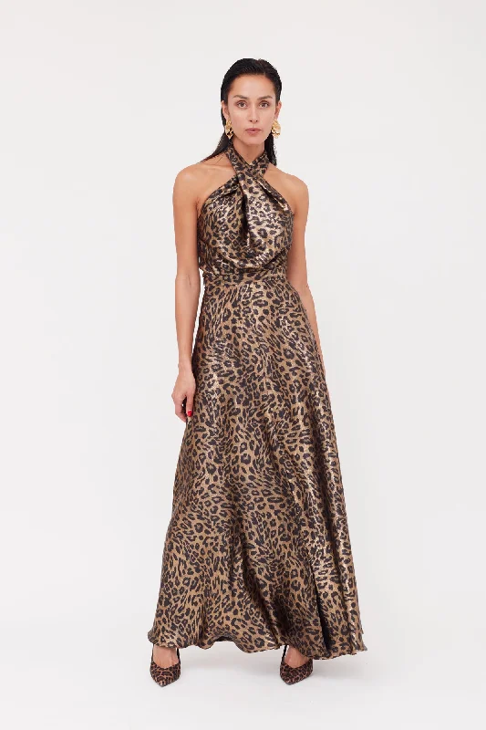 maxi dresses for casual FridaysHELIDA Black Bronze Leopard Print Long Dress With Criss-Cross Neck