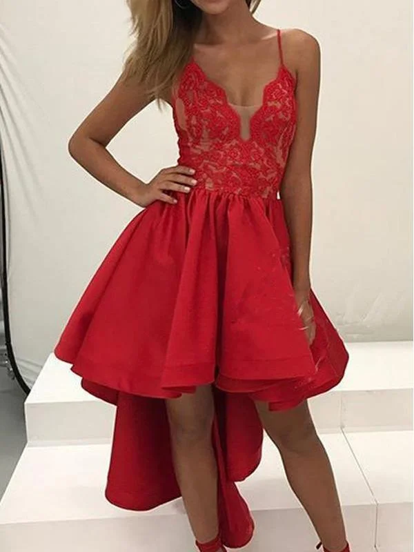 pastel party dressesHigh Low Red Lace Spaghetti Straps Cheap Homecoming Dresses 2018, CM411