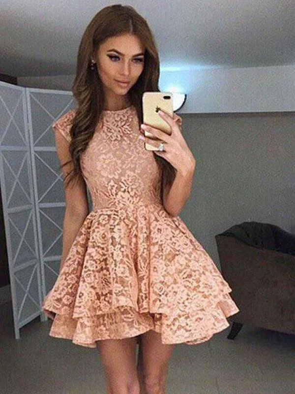 chiffon party dressesHigh Neck Peach Lace Cute Short Homecoming Dresses 2018, CM559