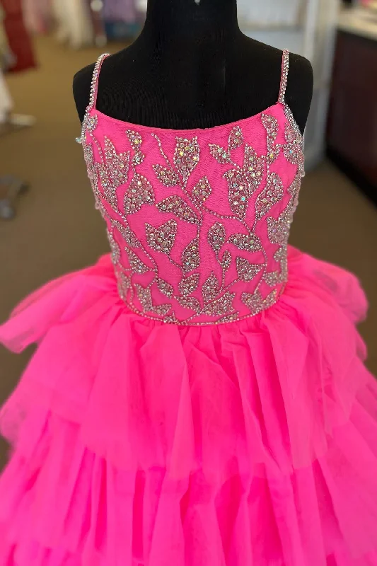 maxi dresses for autumnHot Pink Beaded Tiered Long Girl Pageant Dress