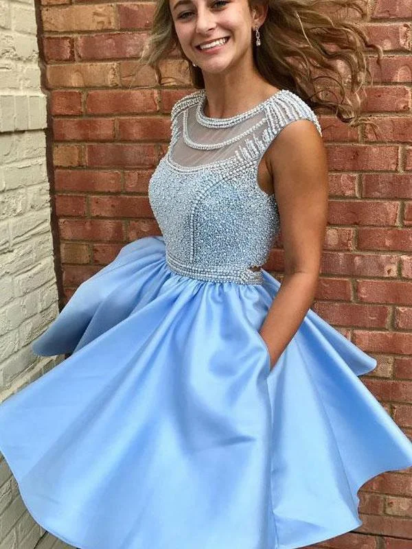 mini party dressesOpen Back Blue Cap Sleeve Heavily Beaded Bateau Cute Homecoming Dresses 2018, CM472