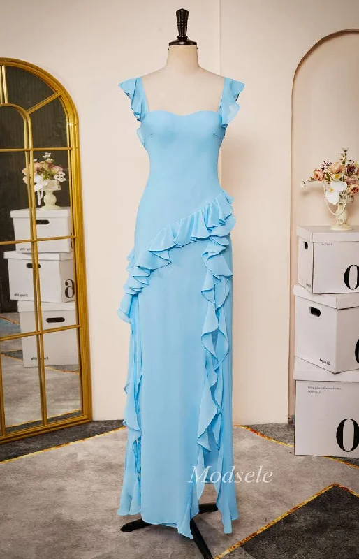 maxi dresses with keyhole backsLight Blue Sweetheart Open Back Ruffle Long Dress