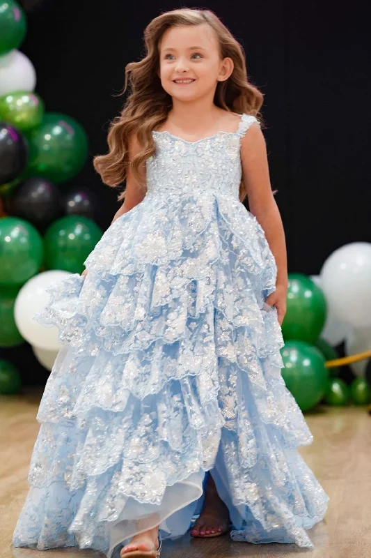 maxi dresses for cool weatherLight Blue Tull Sequin Ruffle Multi-Layer Long Girl Pageant Dress