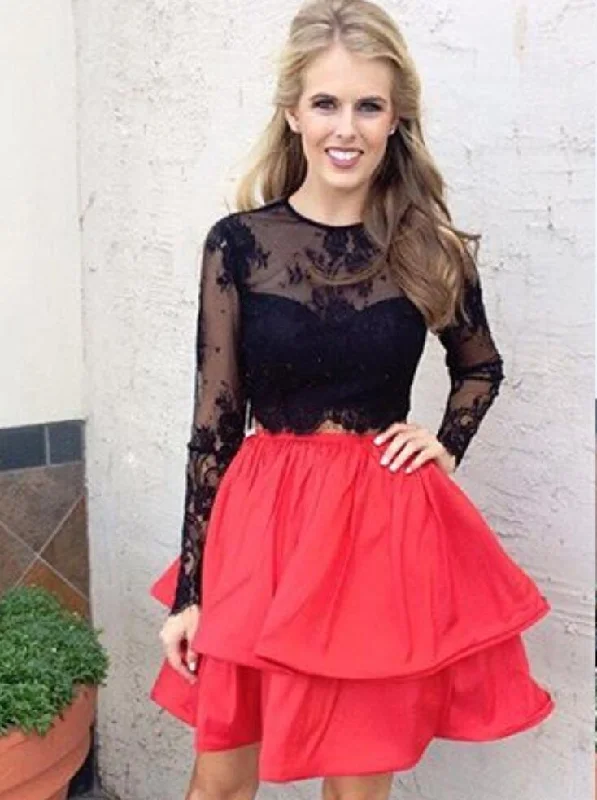 sequined party dressesLong Sleeve Black Lace Red Skirt Two Piece Homecoming Dresses 2018, CM477