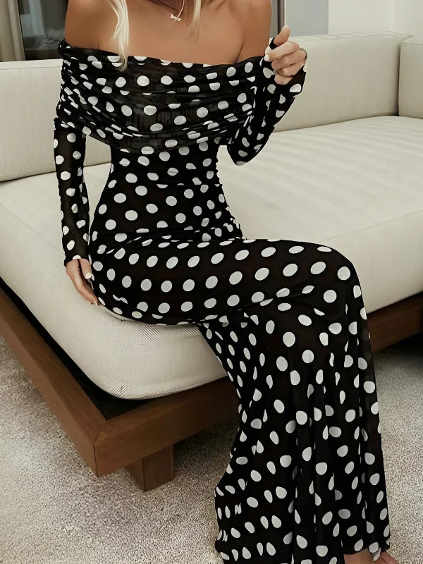 maxi dresses for girlsLong Sleeve Off-Shoulder Polka Dot Print Long Dress