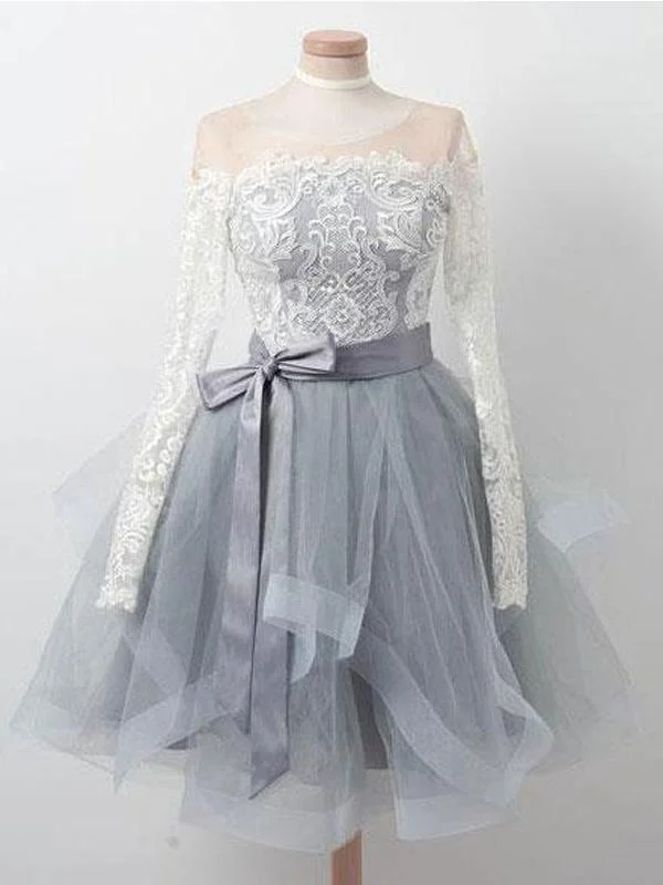 statement-making party dressesLong Sleeves Lace Grey Short Cheap Homecoming Dresses Online, CM576