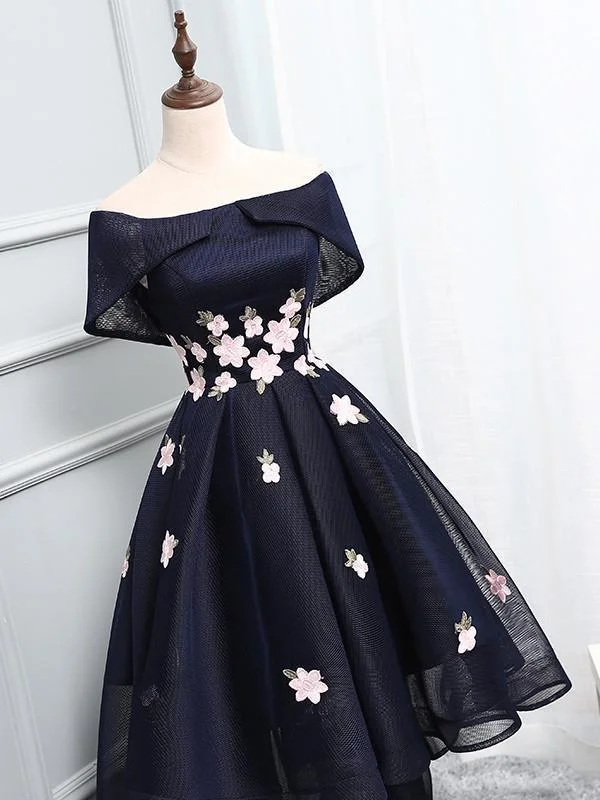 ball gown party dressesModest Navy Blue Off-shoulder High-low A-line Cheap Homecoming Dresses, CM509