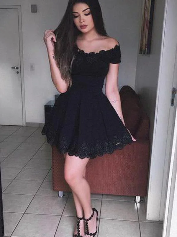 cocktail party dressesOff Shoulder Black Lace Simple Cheap Short Homecoming Dresses 2018, Little Black Dress, CM548