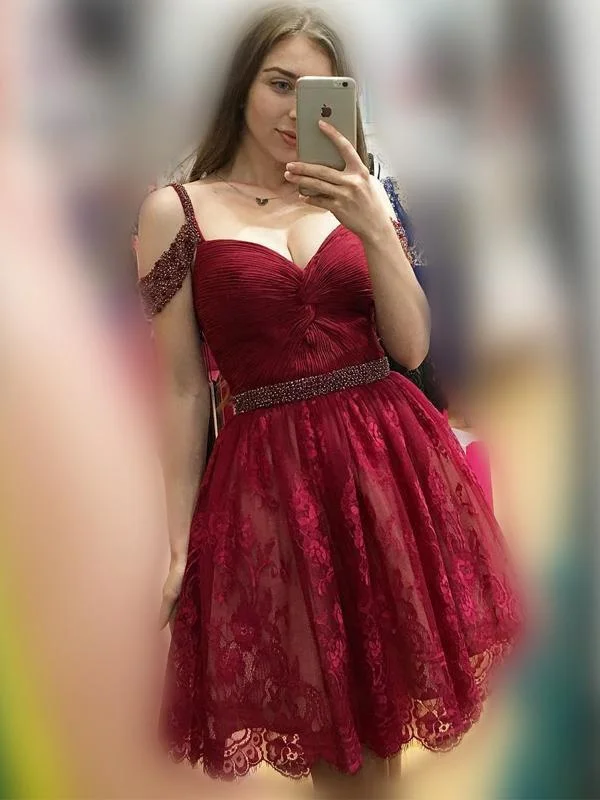 maxi party dressesOff Shoulder Cute Short Lace Dark Red Homecoming Dresses 2018, CM476