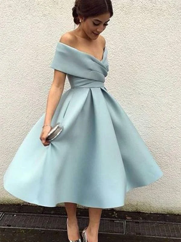 body-skimming party dressesOff Shoulder Dusty Blue Short Cheap Homecoming Dresses 2018, CM543