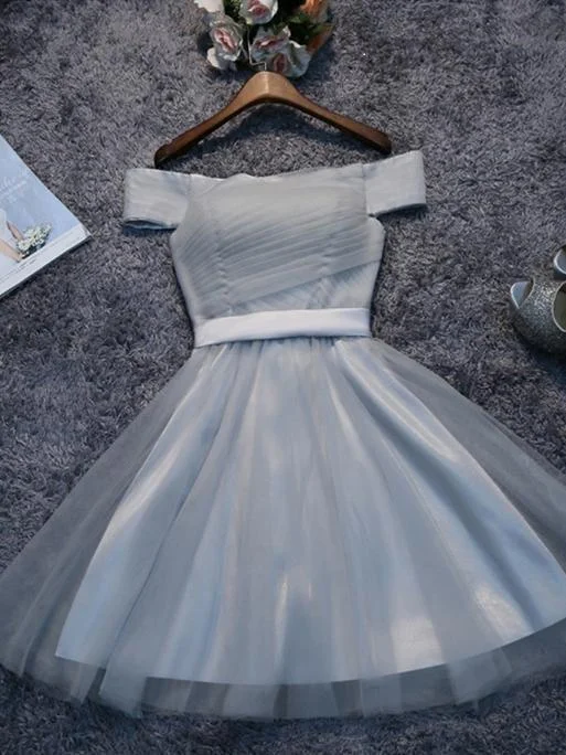 vintage party dressesOff Shoulder Grey Tulle Short Cheap Homecoming Dresses 2018, CM515