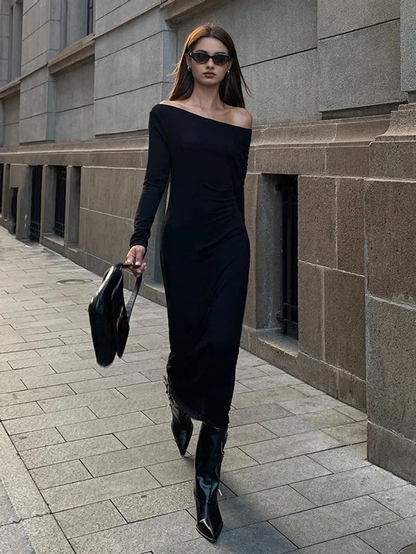 maxi dresses for weddingsOff Shoulder Ribbed Long Sleeve Knit Long Dress