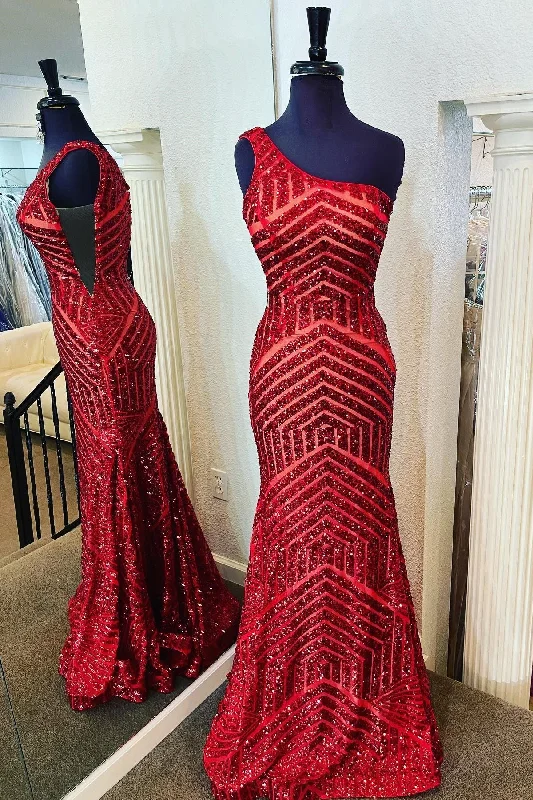 maxi dresses for special occasionsOne Shoulder Wine Red Sequins Mermaid Long Dress