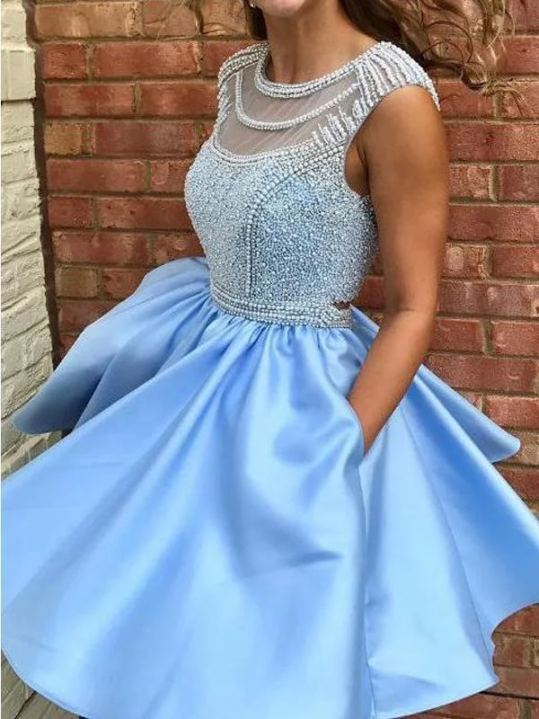 bridesmaid party dressesOpen Back Blue Cap Sleeve Soop Short Cheap Homecoming Dresses Online, CM564