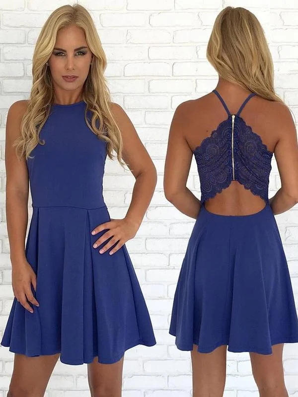 flowy party dressesOpen Back Blue Cheap Cute Simple Casual Homecoming Dresses 2018, CM434