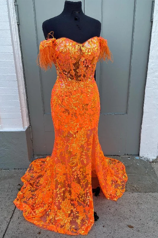 maxi dresses for mother of the groomOrange Off-the-Shoulder Sequin Applique Mermaid Long Dress with Slit