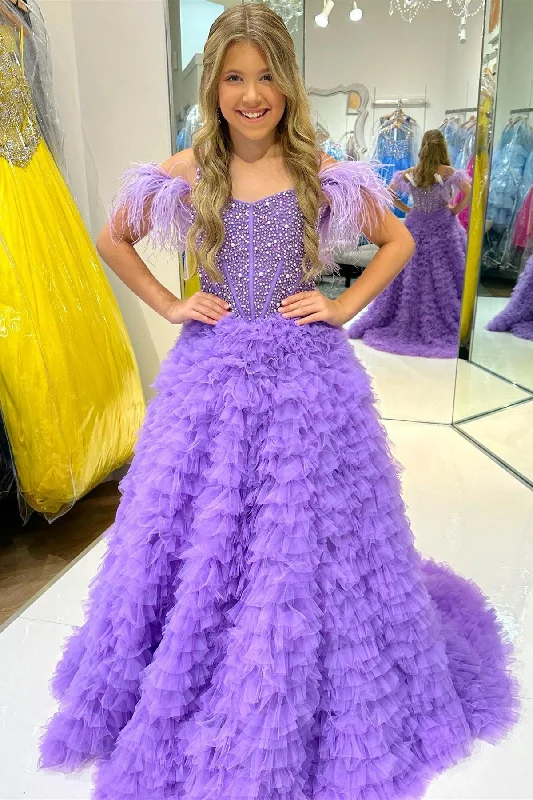 maxi dresses for springPurple Beaded Cold-Shoulder Ruffle Long Girl Pageant Dress