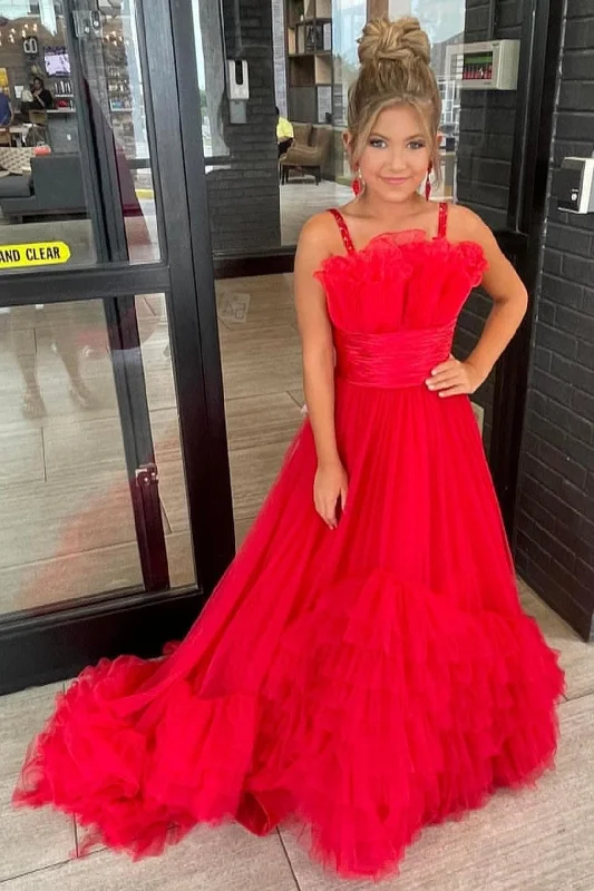 maxi dresses with long sleevesRed Spaghetti Strap Tiered Long Girl Pageant Dress with Ruffles