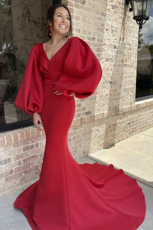 satin wedding dressesRed V-Neck Balloon Sleeve Mermaid Mother of the Bride Dress