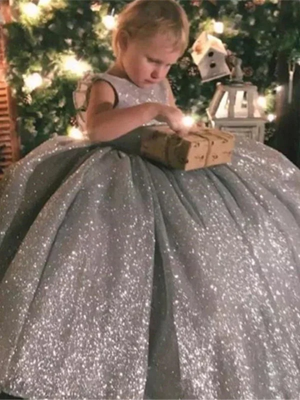 maxi dresses with sleevesRound Neck Long Grey Sparkle Flower Girl Dresses, Shiny Flower Girl Dresses, Little Girl Dresses