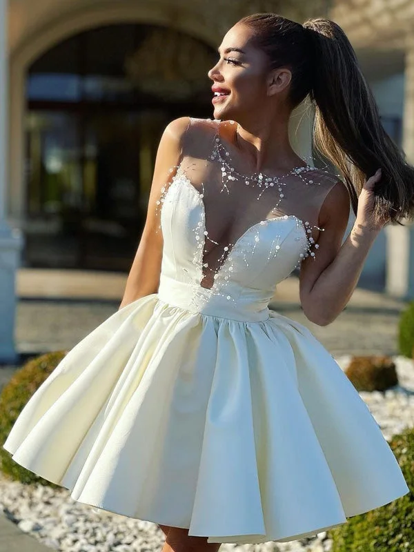 stylish party dressesSexy Illusion Sleeveless Ivory White Sweetheart A-line Beads Backless Short Homecoming Dress, HD3029