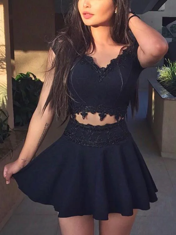 budget-friendly party dressesSexy Two Pieces Black Cap Sleeve Cheap Homecoming Dresses 2018, CM430