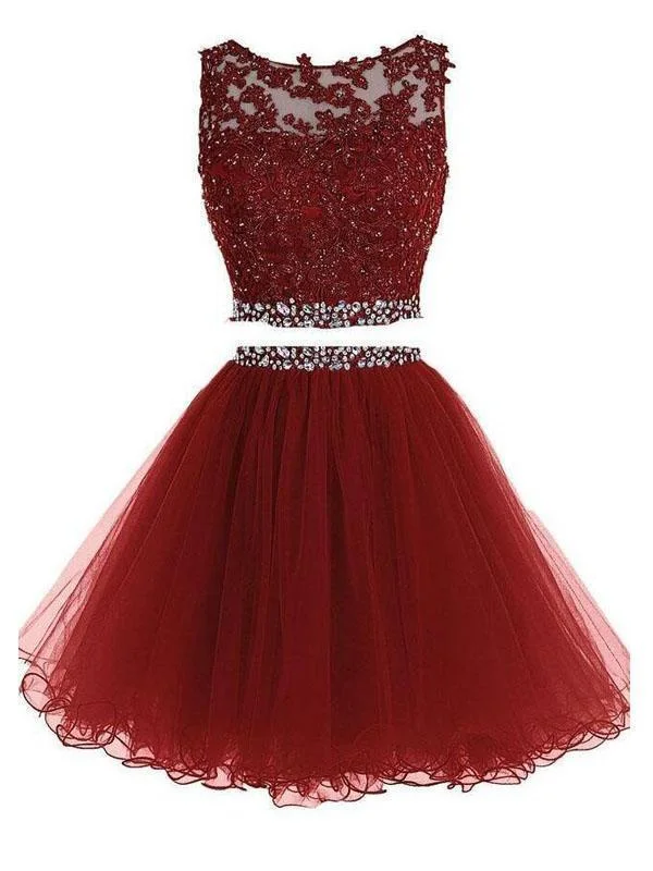 plus-size friendly party dressesSexy Two Pieces Burgundy  Lace Beaded Short Homecoming Dresses 2018, CM558