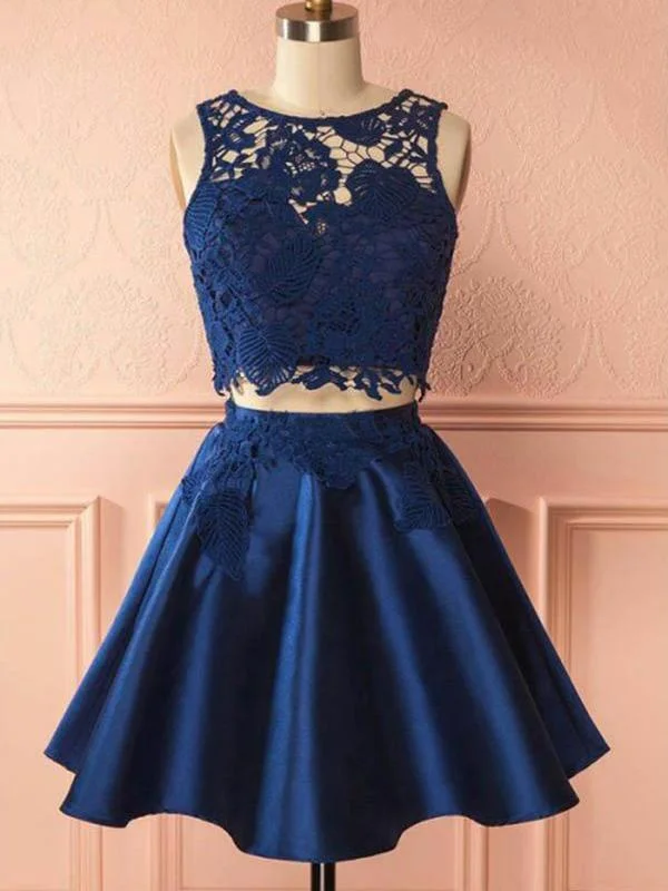 budget-friendly party dressesSexy Two Pieces Navy Blue Illusion Lace Cheap Short Homecoming Dresses 2018, CM556