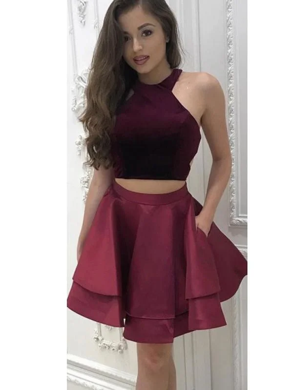 polyester party dressesSexy Two Pieces Simple Cheap Halter Dark Red Short Homecoming Dresses Online, CM538