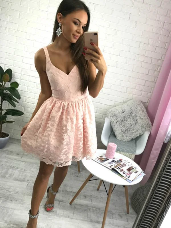 glam party dressesShort Cheap Simple V Neck Blush Pink Lace Homecoming Dresses 2018, CM518