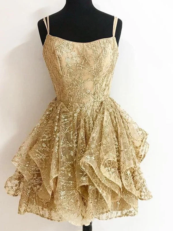 long party dressesSparkly Short Gold Lace A-line Short Homecoming Dresses, BD0444