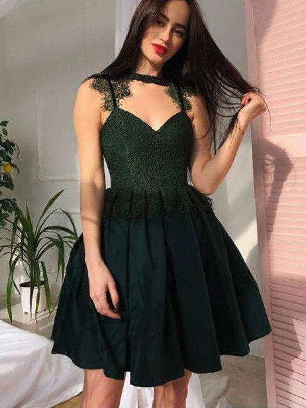 plus-size party dressesSexy V-neck Spaghetti Strap Lace Top Dark Green A-line Short Homecoming Dresses, BD0231