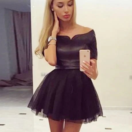 A-line party dressesSimple Cheap Junior A-Line Off-the-Shoulder Short Black Tulle Homecoming Dresses,BD0253