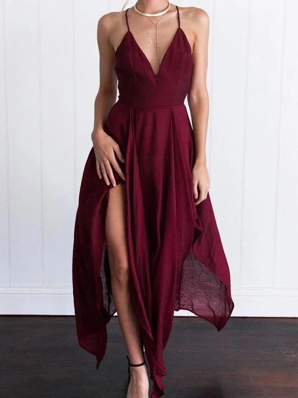 high-low party dressesSexy Spaghetti Strap Burgundy High-low Side-slit A-line Cheap Homecoming Dress, CM512