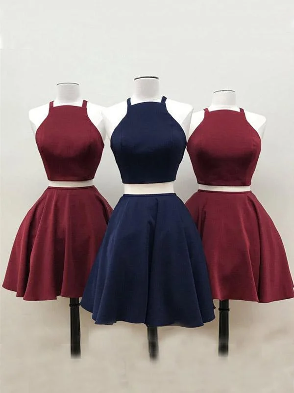 eco-friendly party dressesSimple Two Pieces Halter Burgundy Cheap Short Homecoming Dresses 2018, CM553