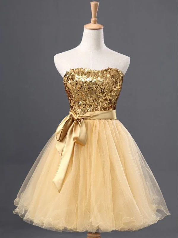 short party dressesSparkly Gold Sweetheart Strapless A-line Short Homecoming Dress, BD0403