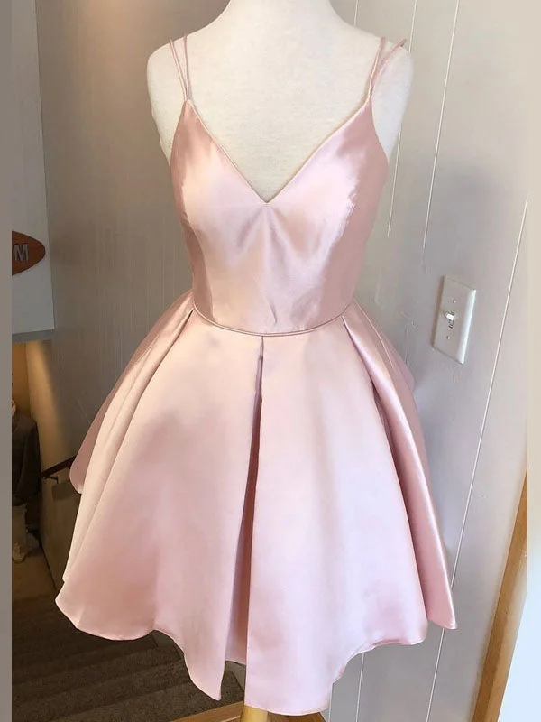 A-line party dressesPink Spaghetti Straps Simple  Popular A-line Short Homecoming Dresses, BD0402