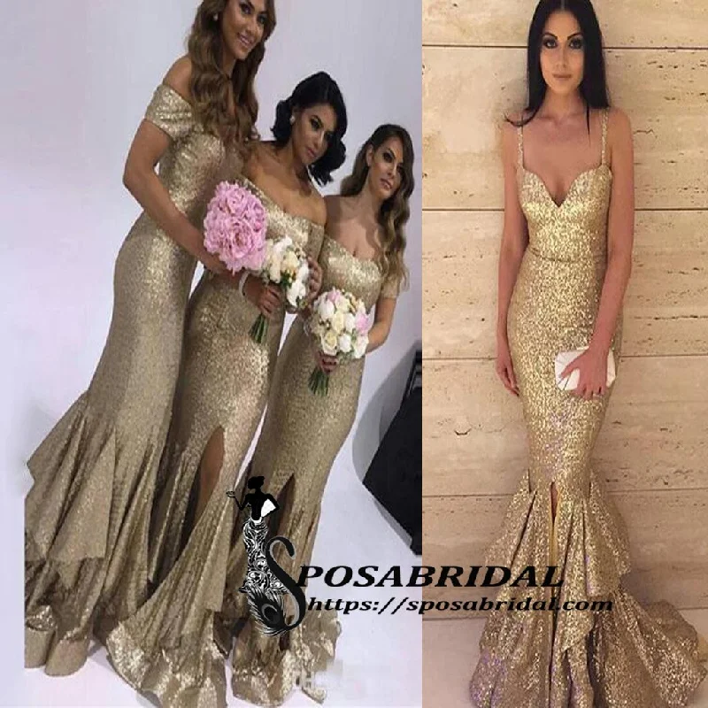 minimalist wedding dressesSparkly Sequin Off SHoulder Spaghetti Straps Mermaid Modest Bridesmiad Dresses with slit ,WG319