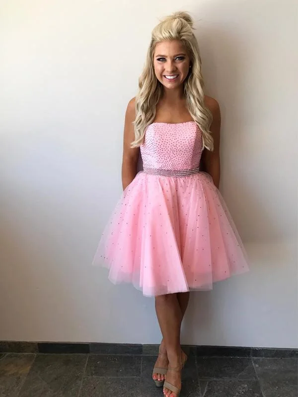 birthday party dressesStrapless Beaded Tulle Pink Short Homecoming Dresses 2018, CM507