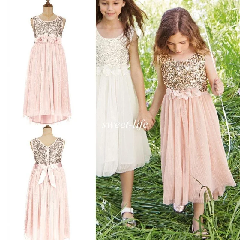 maxi dresses with A-line silhouettesSweet Sequin Top Tulle Appliques Long Flower Girl Dresses With Bow, FG001