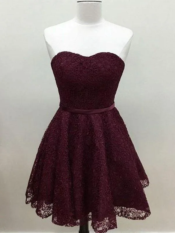 lace party dressesSweetheart Cute Simpe Maroon Short Lace Homecoming Dresses, CM491