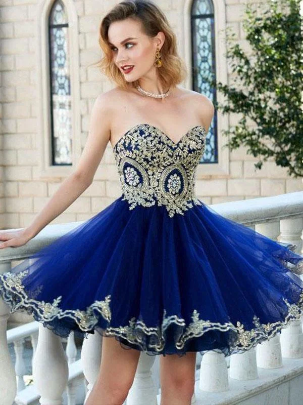 breathable party dressesSweetheart Gold Lace Beaded Blue Short Cheap Homecoming Dresses Online, CM569