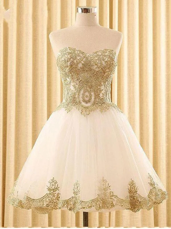 affordable party dressesSweetheart Gold Lace White Tulle Short Cheap Homecoming Dresses Online, CM578