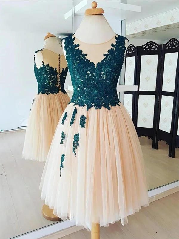 elegant party dressesTeal Lace Applique Charming Tulle Cheap Homecoming Dresses Online, CM587