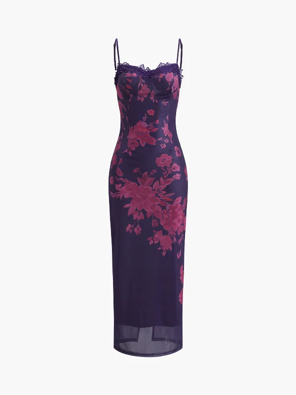 maxi dresses for black-tie eventsTied Lace Trim Floral Mesh Long Dress