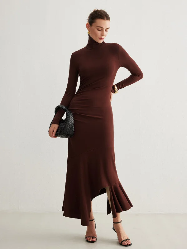 maxi dresses with high necklinesTurtleneck Irregular Pleated Long Dress