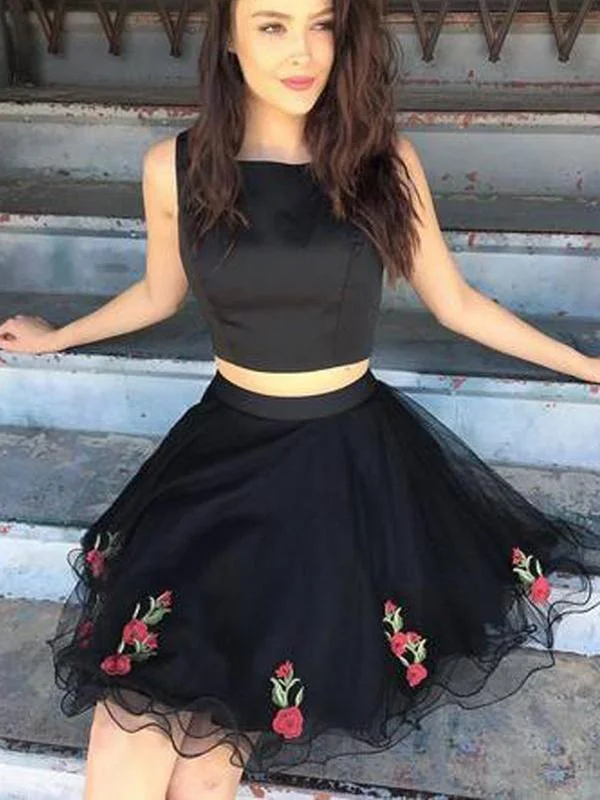 handmade party dressesCute Simple Two Piece Black Lace Cheap Homecoming Dresses 2018, CM416