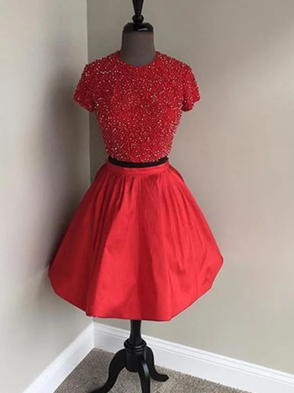 bridesmaid party dressesTwo Pieces Short Sleeves High Neck Short Red Homecoming Dresses 2018, CM521