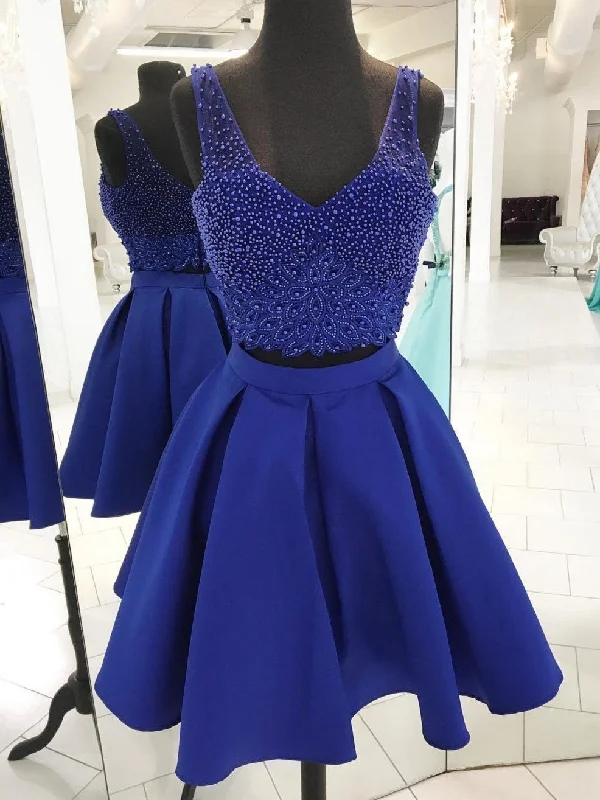 beach party dressesV Neck Beaded Royal Blue Two Piece Homecoming Dresses 2018, CM500